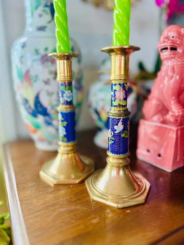 Vintage Cloisonne Brass Candle Holders