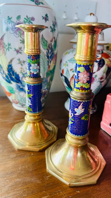 Vintage Cloisonne Brass Candle Holders