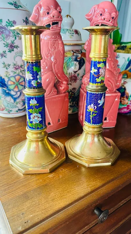 Vintage Cloisonne Brass Candle Holders