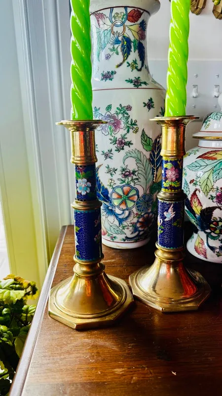 Vintage Cloisonne Brass Candle Holders