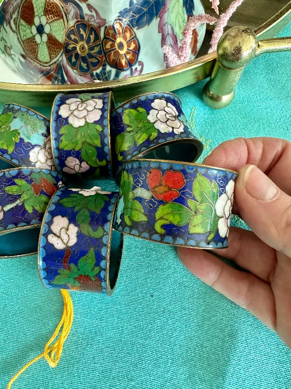 Vintage Napkin Rings, Cloisonne' , Blue, Green, Set of 6