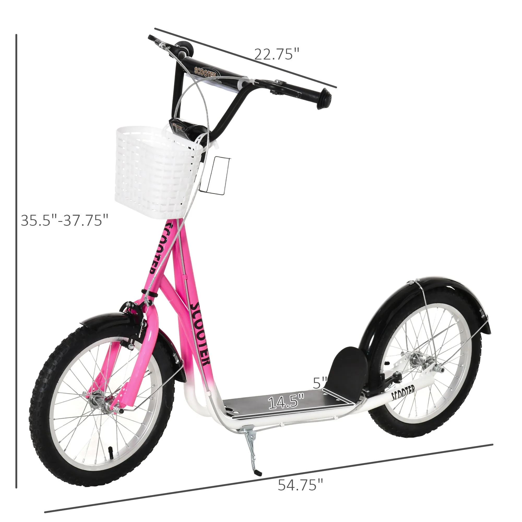 Youth Scooter, Kick Scooter with Adjustable Handlebars, Double Brakes, 16" Inflatable Rubber Tires, Basket, Cupholder, Pink